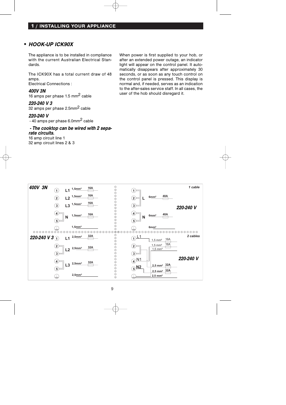 Hook-up ick90x, 400v 3n, 240 v 3 | 240 v, 11 / installing your appliance | Kleenmaid ICK66X User Manual | Page 12 / 23