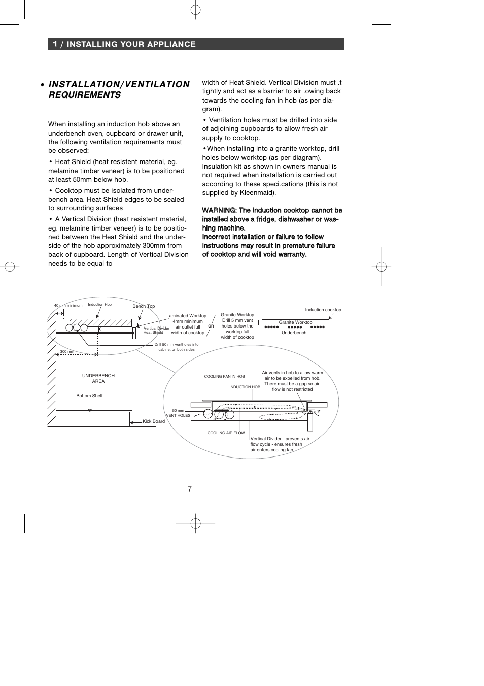Installation/ventilation requirements | Kleenmaid ICK66X User Manual | Page 7 / 23