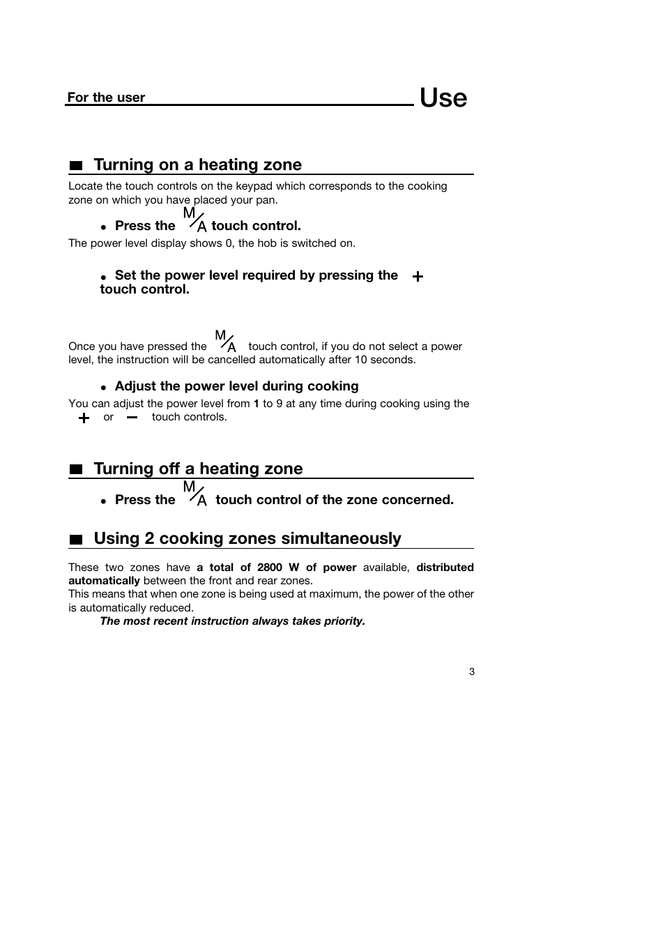 Turning on a heating zone, Turning off a heating zone, Using 2 cooking zones simultaneously | Kleenmaid IB61 User Manual | Page 5 / 16