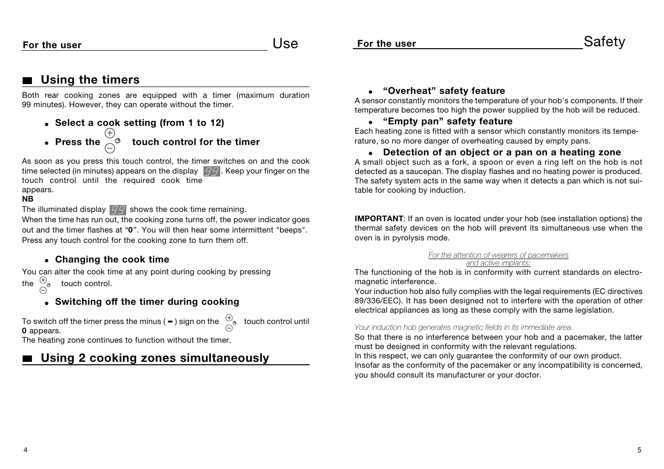 Safety, Using the timers, Using 2 cooking zones simultaneously | Kleenmaid BI80X User Manual | Page 5 / 11