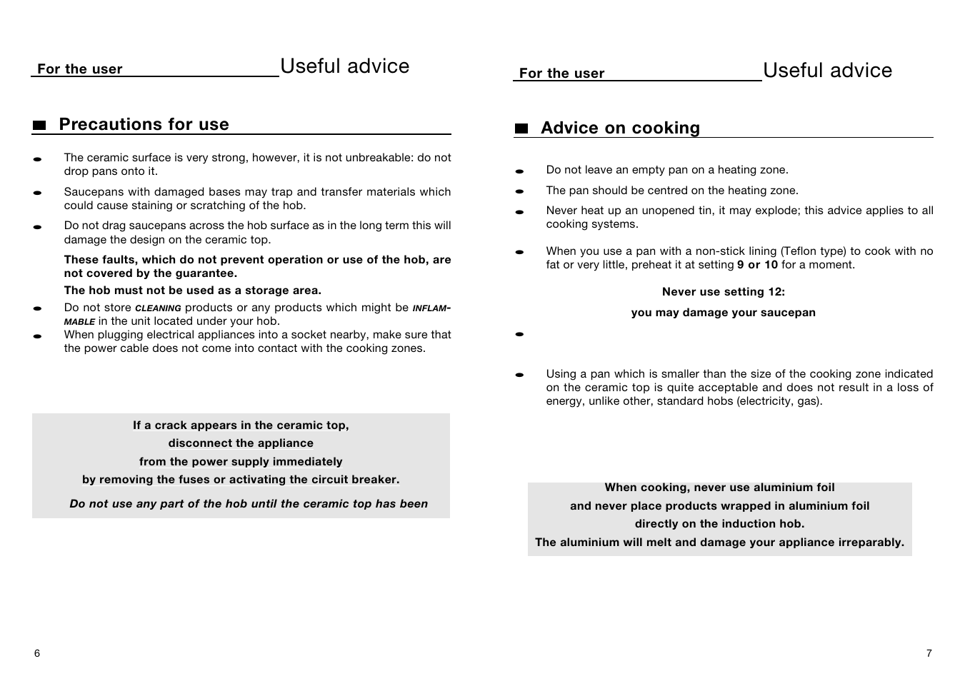 Useful advice, Precautions for use, Advice on cooking | Kleenmaid BI80X User Manual | Page 6 / 11