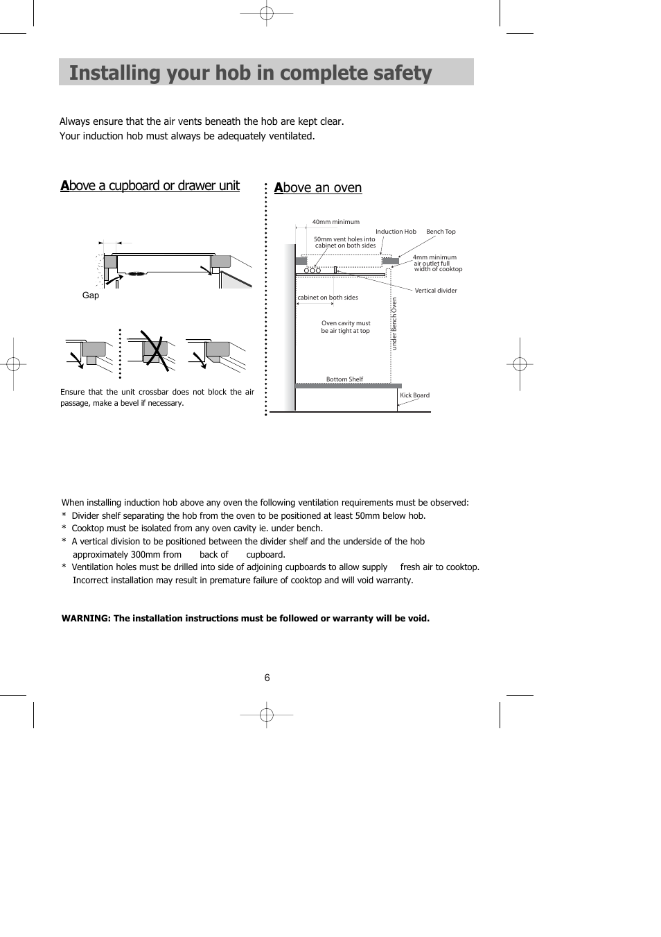 Installing your hob in complete safety, A bove an oven, A bove a cupboard or drawer unit | Kleenmaid ICK60X User Manual | Page 7 / 18