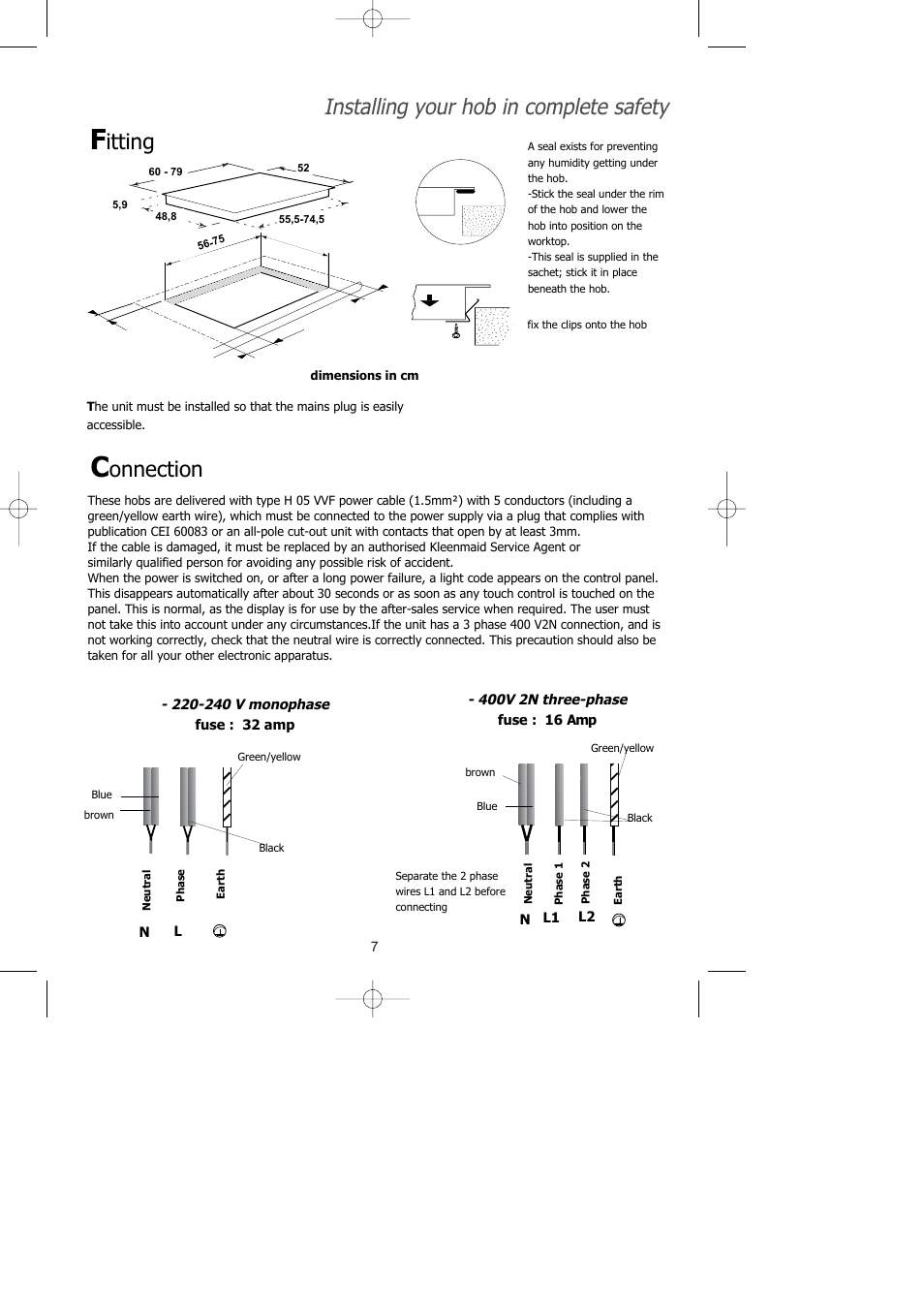 Installing your hob in complete safety, Itting, Onnection | Kleenmaid ICK60X User Manual | Page 8 / 18
