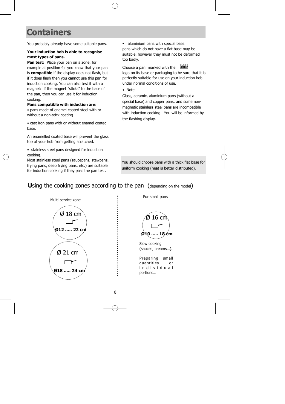 Containers, U sing the cooking zones according to the pan | Kleenmaid ICK60X User Manual | Page 9 / 18