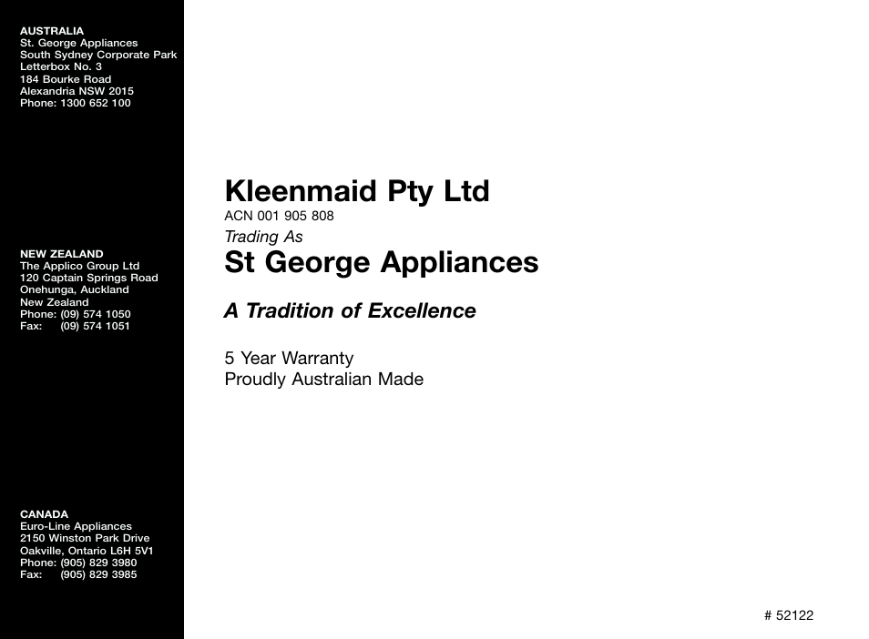 Kleenmaid pty ltd, St george appliances, A tradition of excellence | Kleenmaid FE904C User Manual | Page 60 / 60