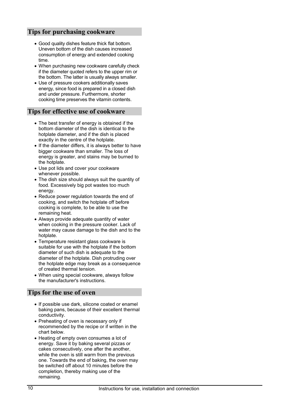 Tips for purchasing cookware, Tips for effective use of cookware, Tips for the use of oven | Kleenmaid FEC605W User Manual | Page 10 / 28