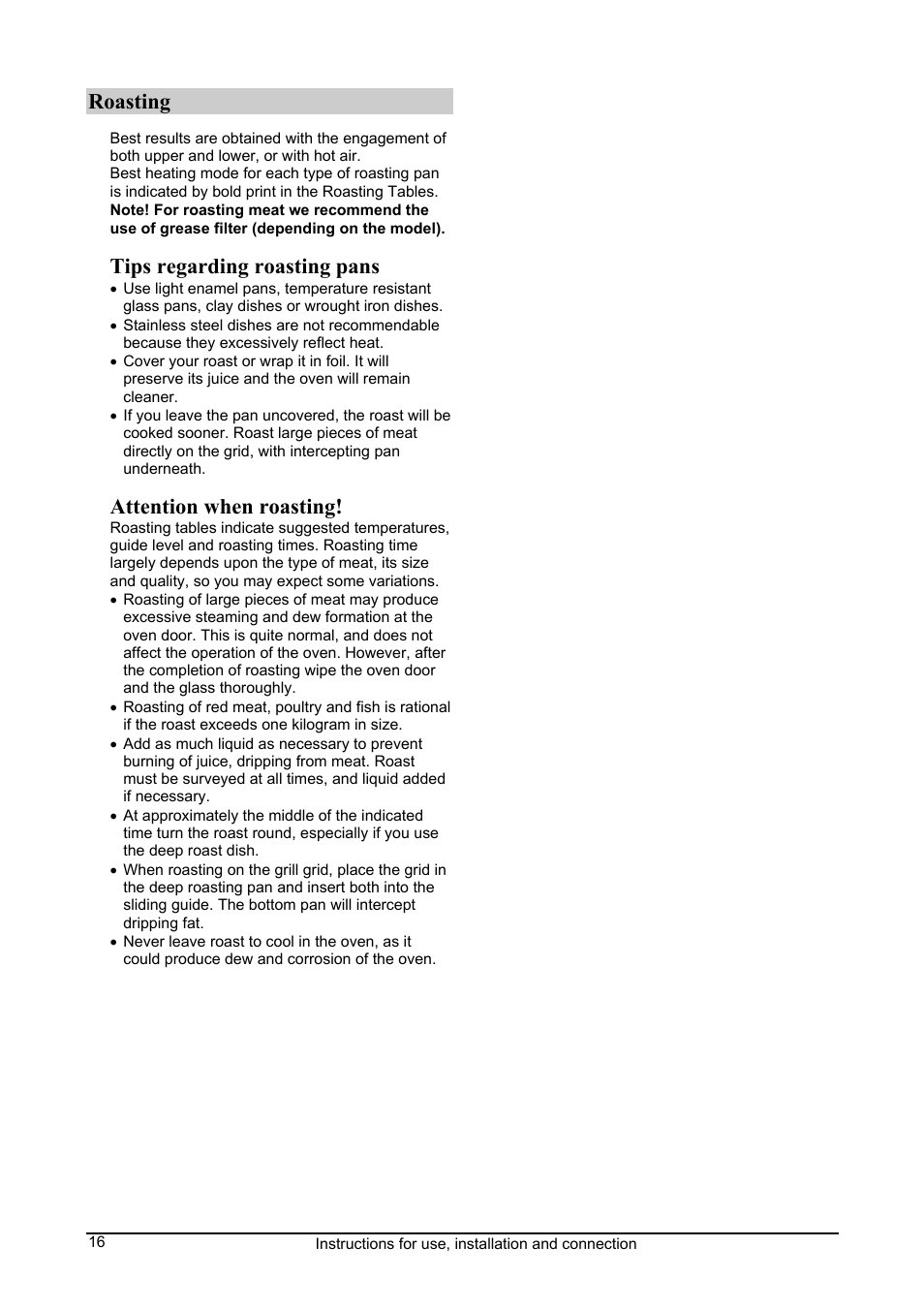 Roasting, Tips regarding roasting pans, Attention when roasting | Kleenmaid FEC605W User Manual | Page 16 / 28