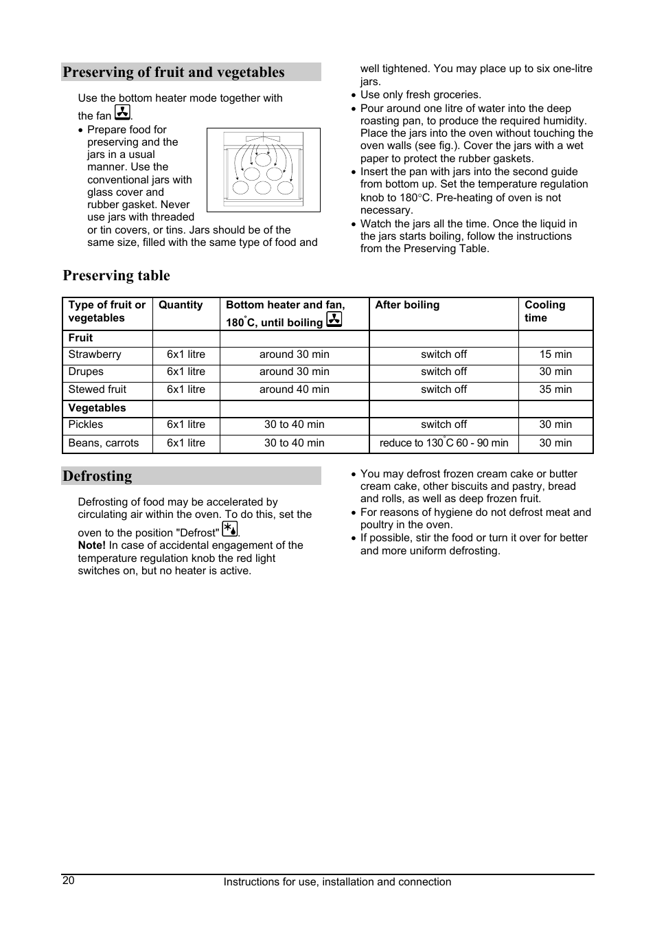 Preserving of fruit and vegetables, Preserving table, Defrosting | Kleenmaid FEC605W User Manual | Page 20 / 28