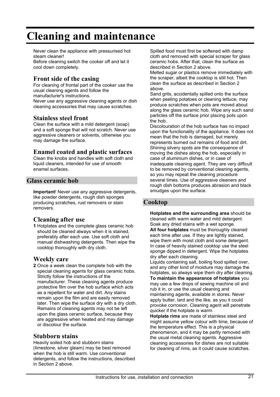 Cleaning and maintenance | Kleenmaid FEC605W User Manual | Page 21 / 28