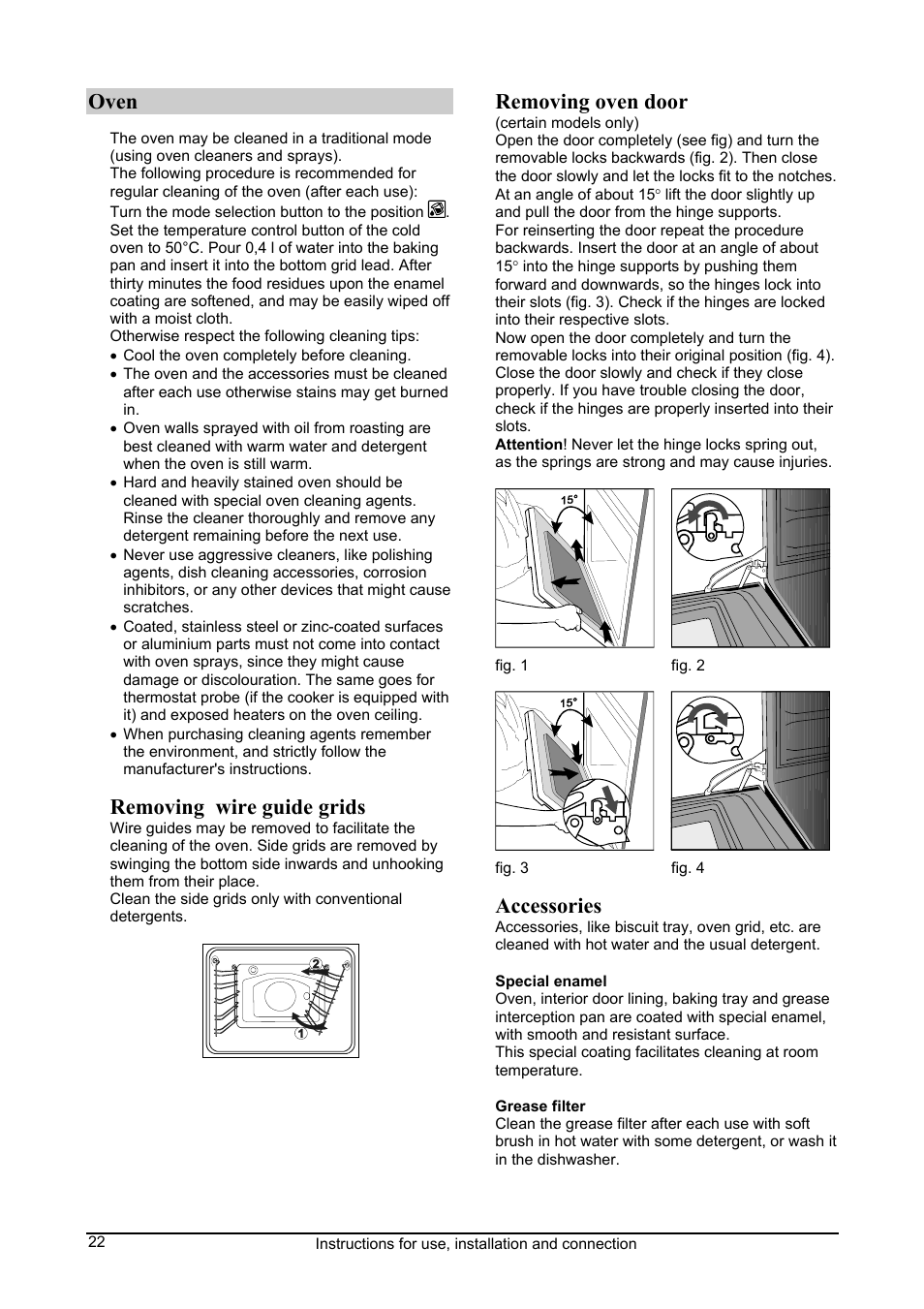 Oven, Removing wire guide grids, Removing oven door | Accessories | Kleenmaid FEC605W User Manual | Page 22 / 28