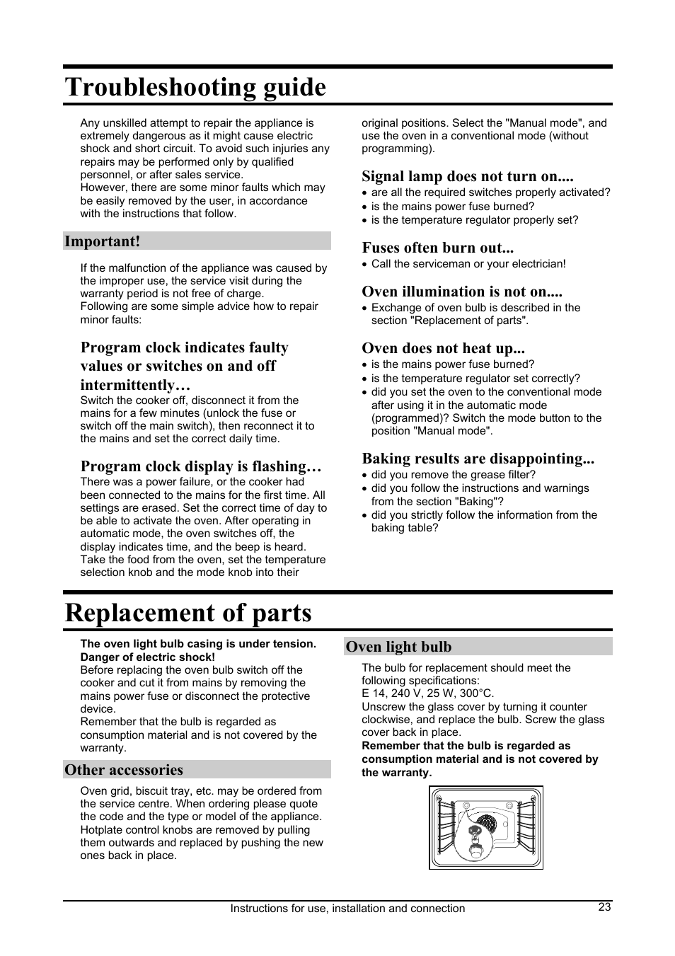 Troubleshooting guide, Replacement of parts, Important | Program clock display is flashing, Signal lamp does not turn on, Fuses often burn out, Oven illumination is not on, Oven does not heat up, Baking results are disappointing, Other accessories | Kleenmaid FEC605W User Manual | Page 23 / 28
