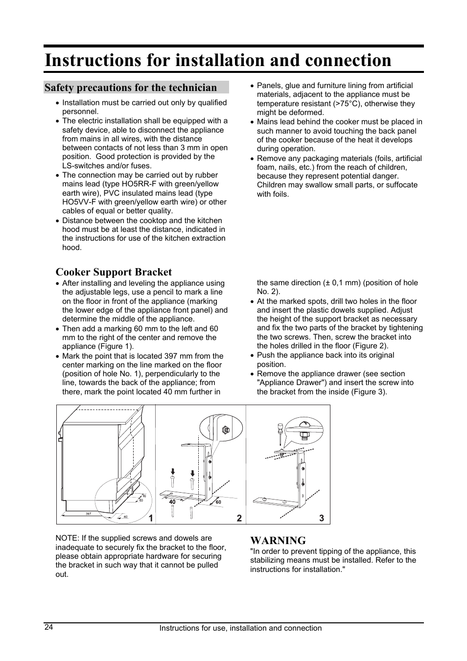 Instructions for installation and connection, Safety precautions for the technician, Cooker support bracket | Warning | Kleenmaid FEC605W User Manual | Page 24 / 28