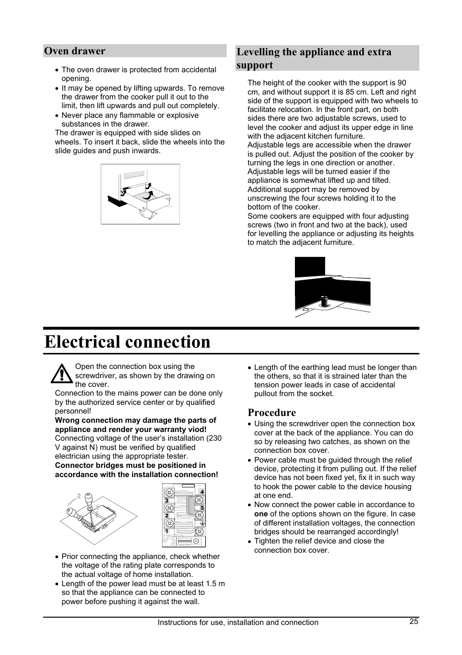 Electrical connection, Oven drawer, Levelling the appliance and extra support | Procedure | Kleenmaid FEC605W User Manual | Page 25 / 28