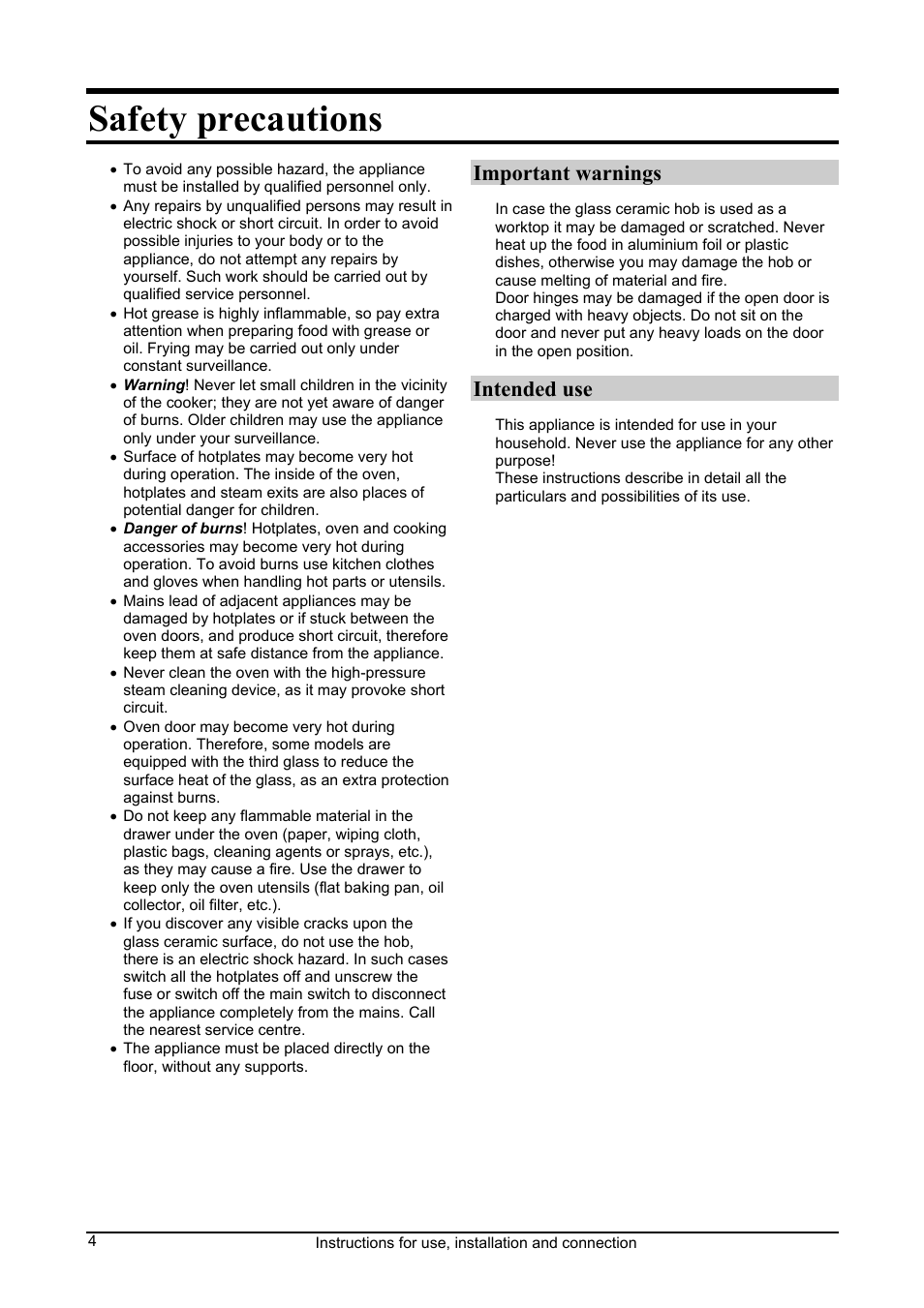 Safety precautions, Important warnings, Intended use | Kleenmaid FEC605W User Manual | Page 4 / 28