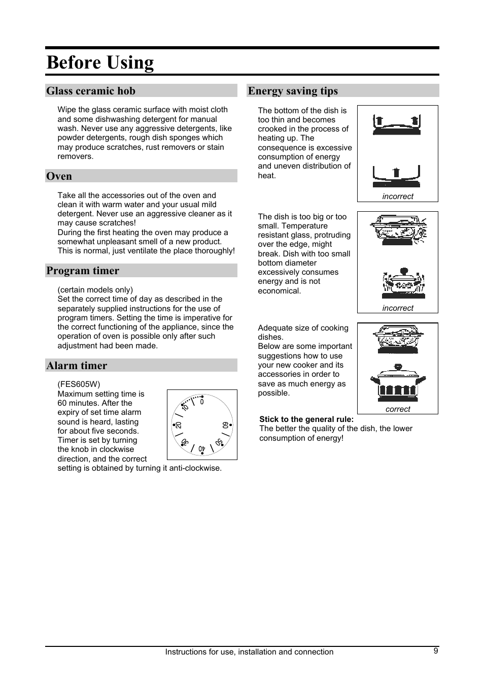 Before using, Glass ceramic hob, Oven | Program timer, Alarm timer, Energy saving tips | Kleenmaid FEC605W User Manual | Page 9 / 28