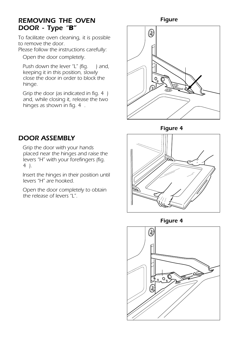 Removing the oven door - type “b, Door assembly | Kleenmaid FEG605X User Manual | Page 38 / 44