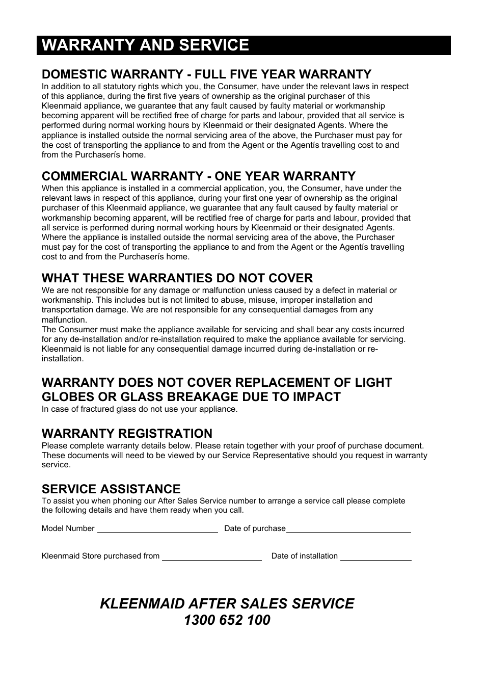 Warranty and service, Domestic warranty - full five year warranty, Commercial warranty - one year warranty | What these warranties do not cover, Warranty registration, Service assistance | Kleenmaid FEG605X User Manual | Page 41 / 44