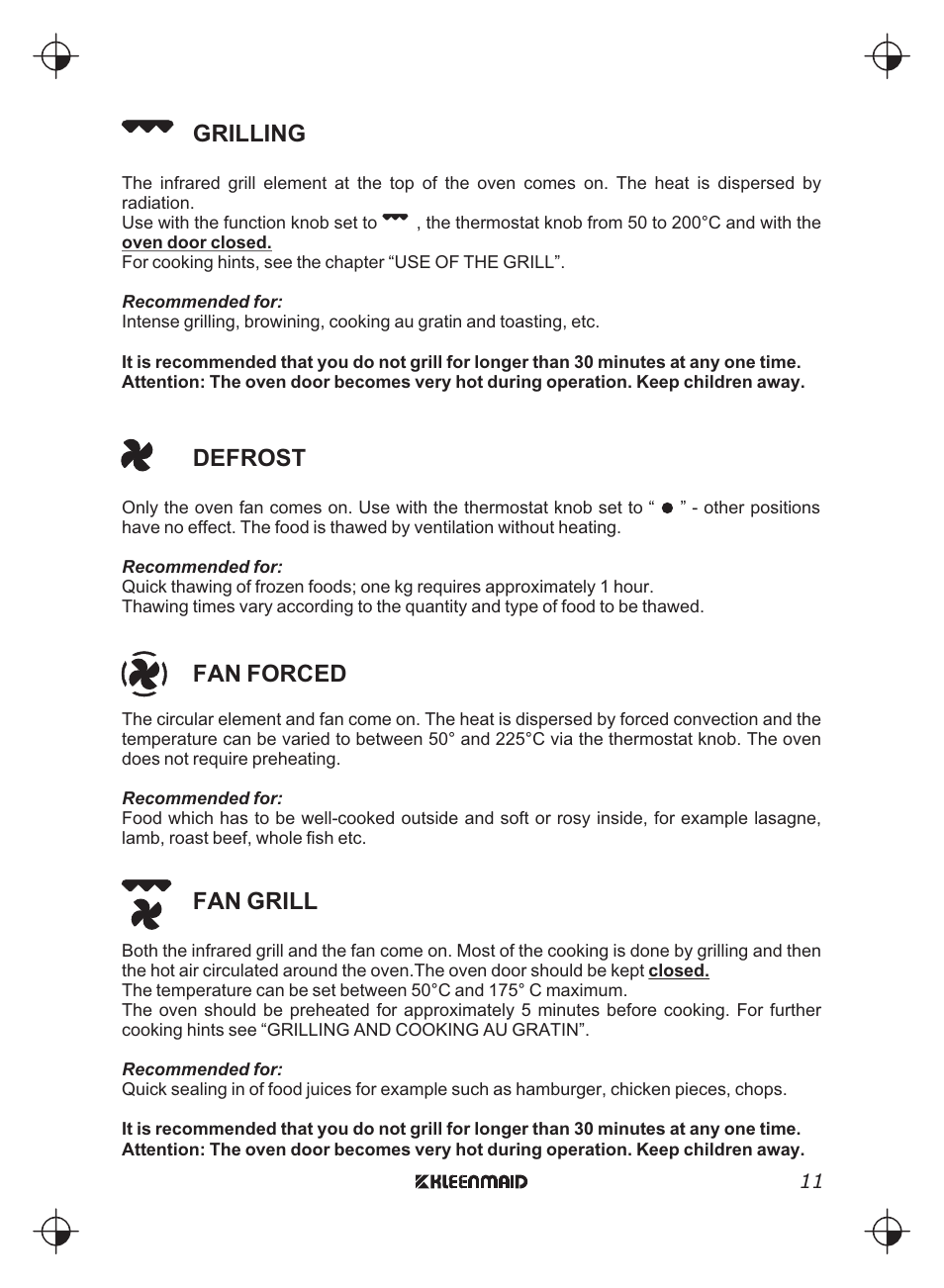 Grilling, Defrost, Fan forced | Fan grill | Kleenmaid FEG900X User Manual | Page 11 / 40