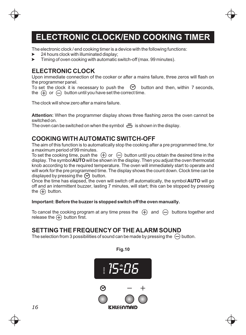 Electronic clock/end cooking timer | Kleenmaid FEG900X User Manual | Page 16 / 40