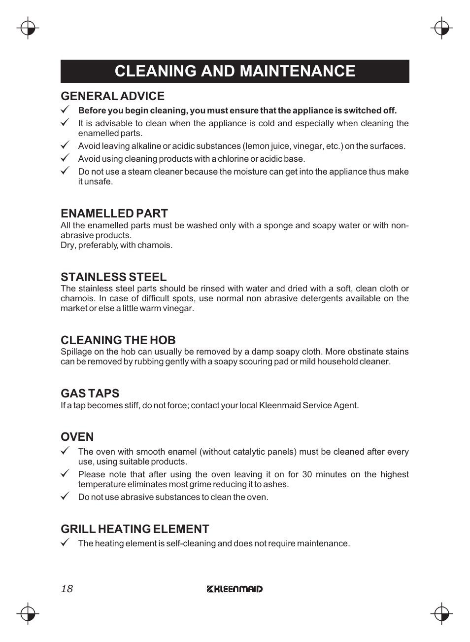 Cleaning and maintenance | Kleenmaid FEG900X User Manual | Page 18 / 40