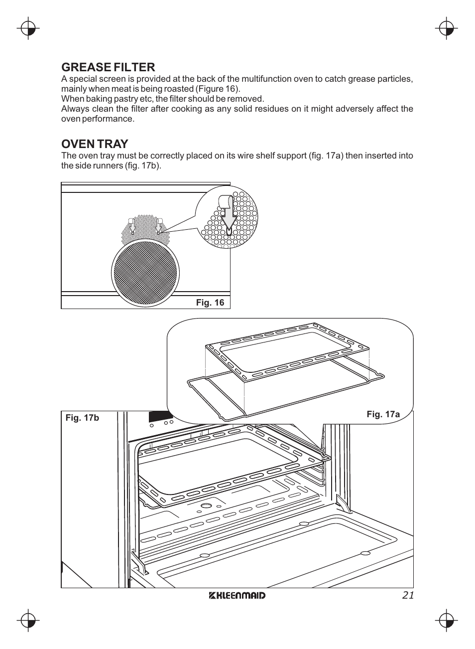 Grease filter, Oven tray | Kleenmaid FEG900X User Manual | Page 21 / 40