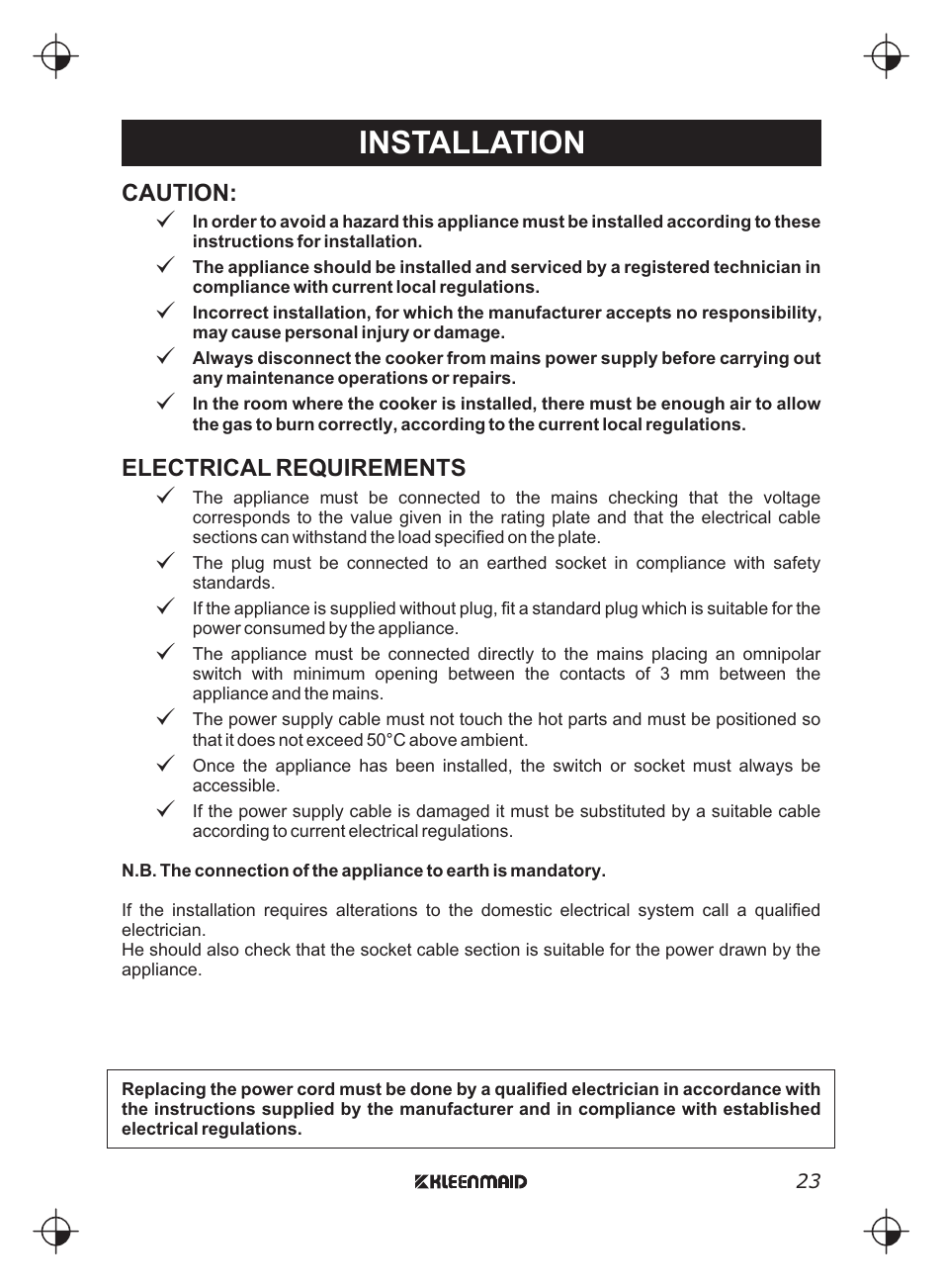 Installation | Kleenmaid FEG900X User Manual | Page 23 / 40