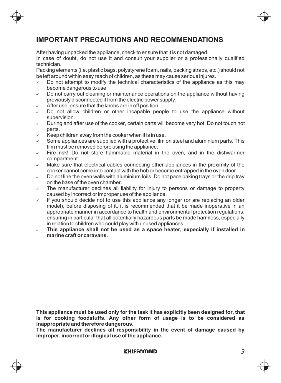 Important precautions and recommendations | Kleenmaid FEG900X User Manual | Page 3 / 40