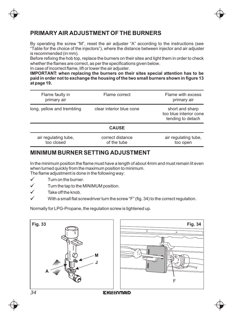 Primary air adjustment of the burners, Minimum burner setting adjustment | Kleenmaid FEG900X User Manual | Page 34 / 40