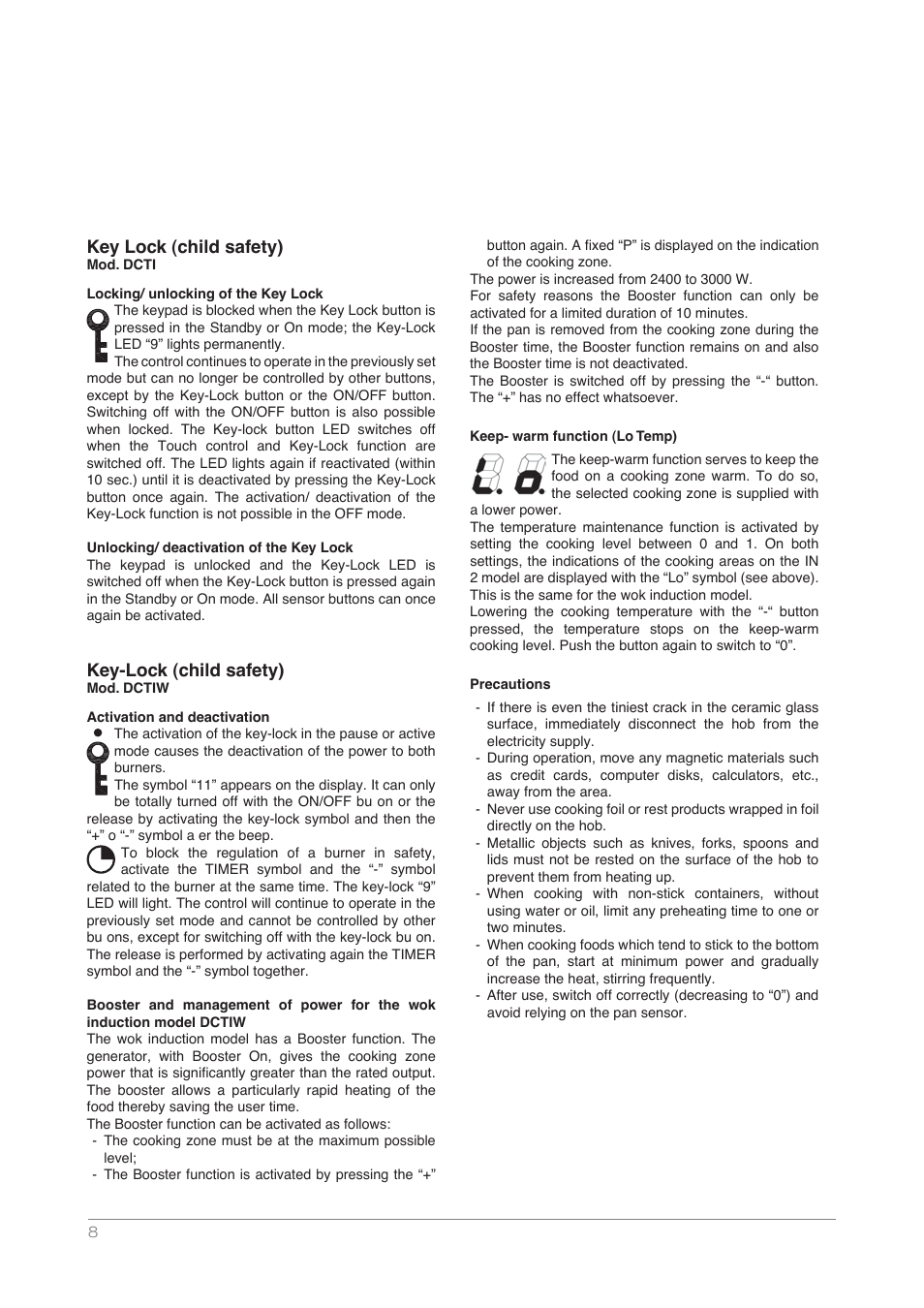 Key lock (child safety), Key-lock (child safety) | Kleenmaid DCTI User Manual | Page 8 / 16