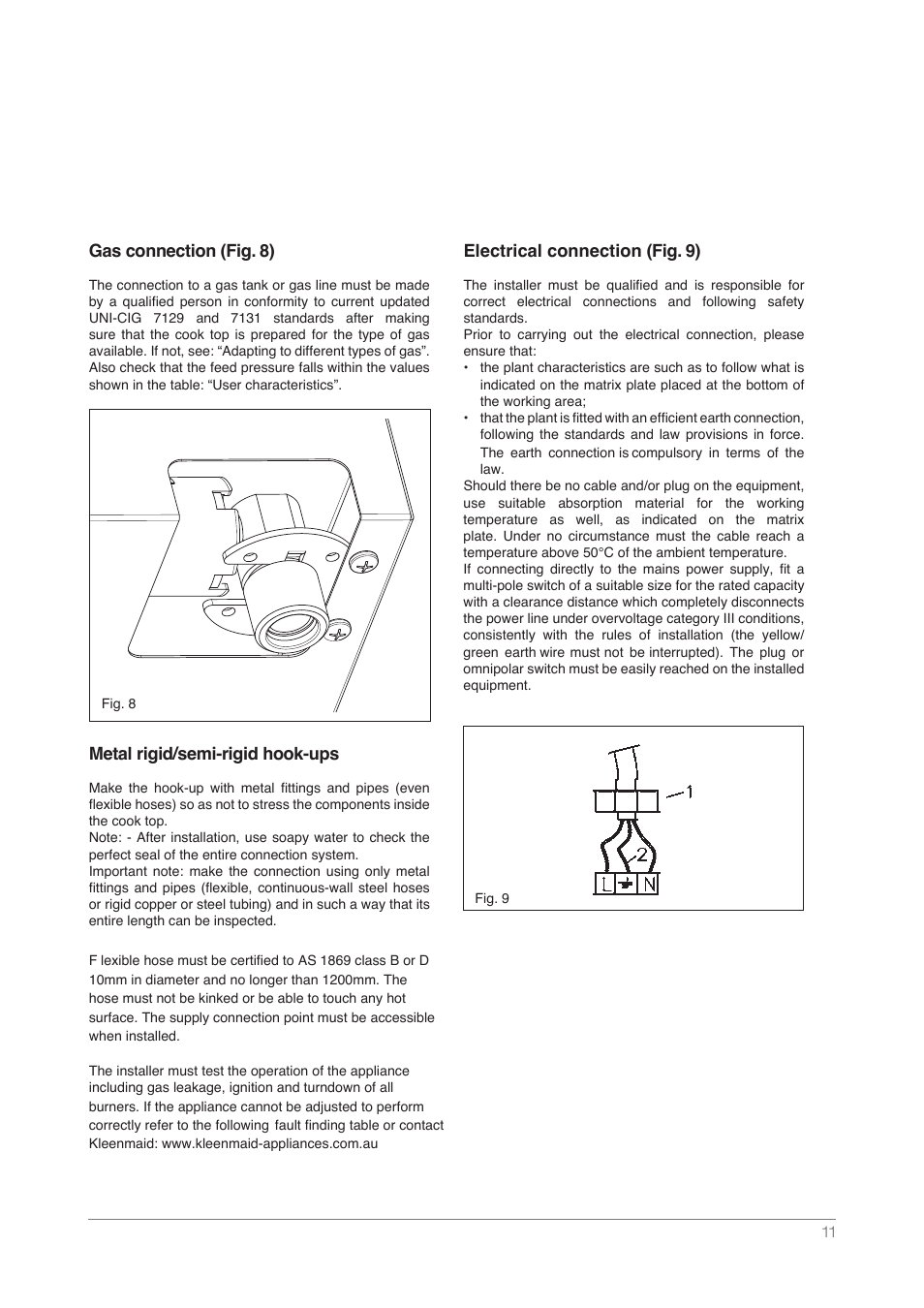 Gas connection (fig. 8), Metal rigid/semi-rigid hook-ups, Electrical connection (fig. 9) | Kleenmaid DCTG User Manual | Page 11 / 16