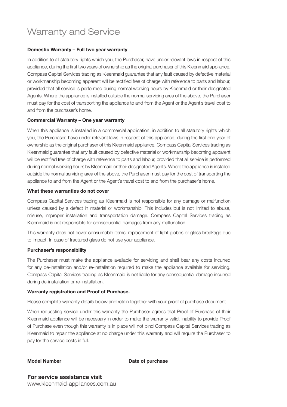 Warranty and service | Kleenmaid DCTG User Manual | Page 15 / 16