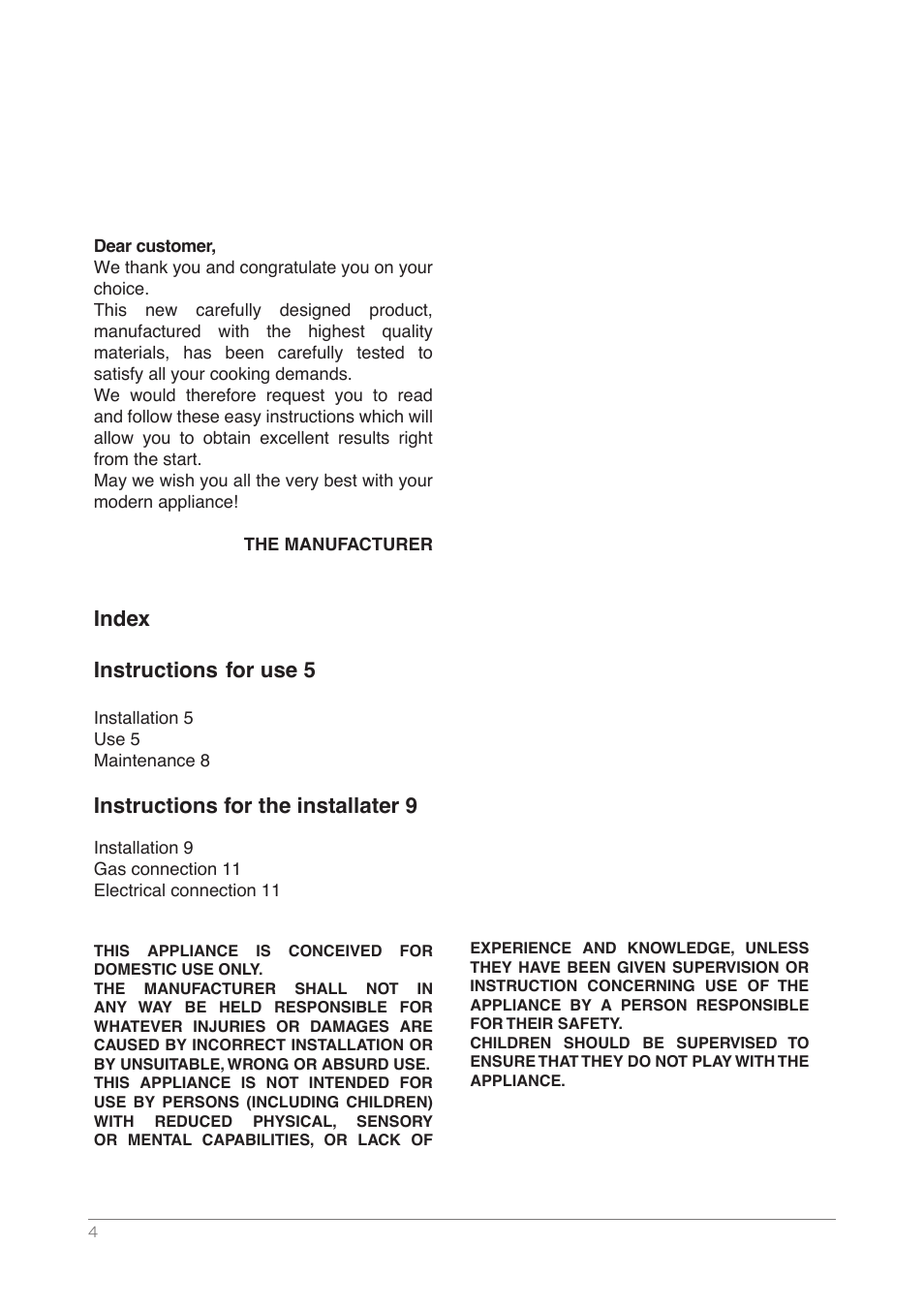 Index instructions for use 5, Instructions for the installater 9 | Kleenmaid DCTG User Manual | Page 4 / 16