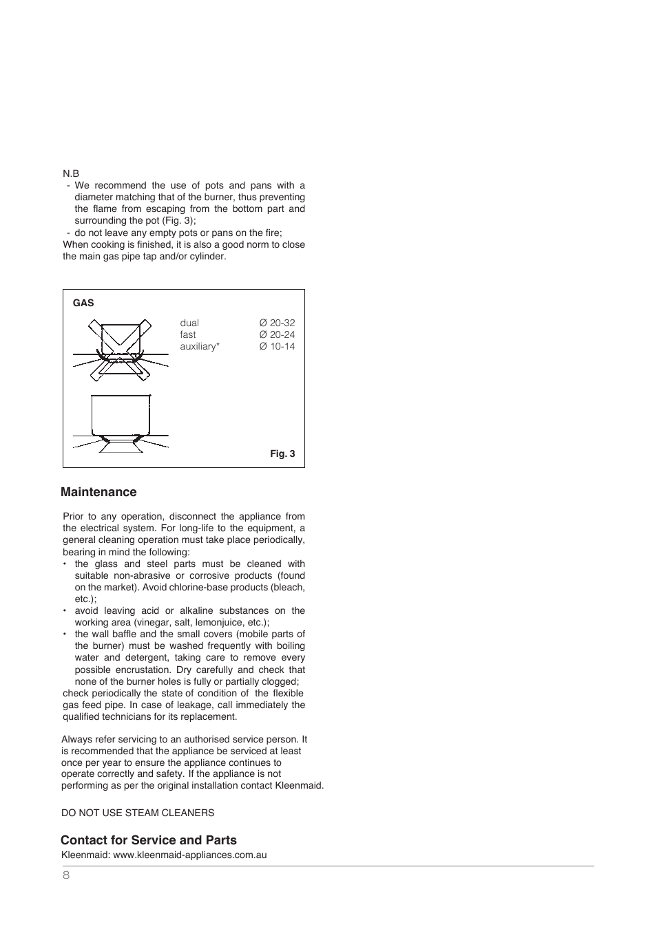 Maintenance, Contact for service and parts | Kleenmaid DCTG User Manual | Page 8 / 16