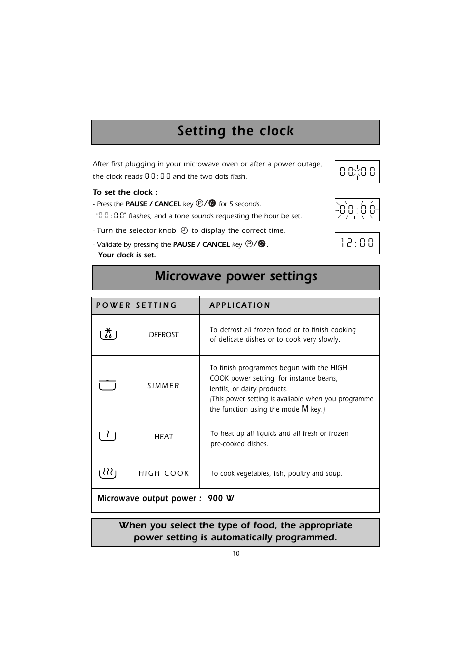 Microwave power settings, Setting the clock | Kleenmaid MWK200 User Manual | Page 10 / 28