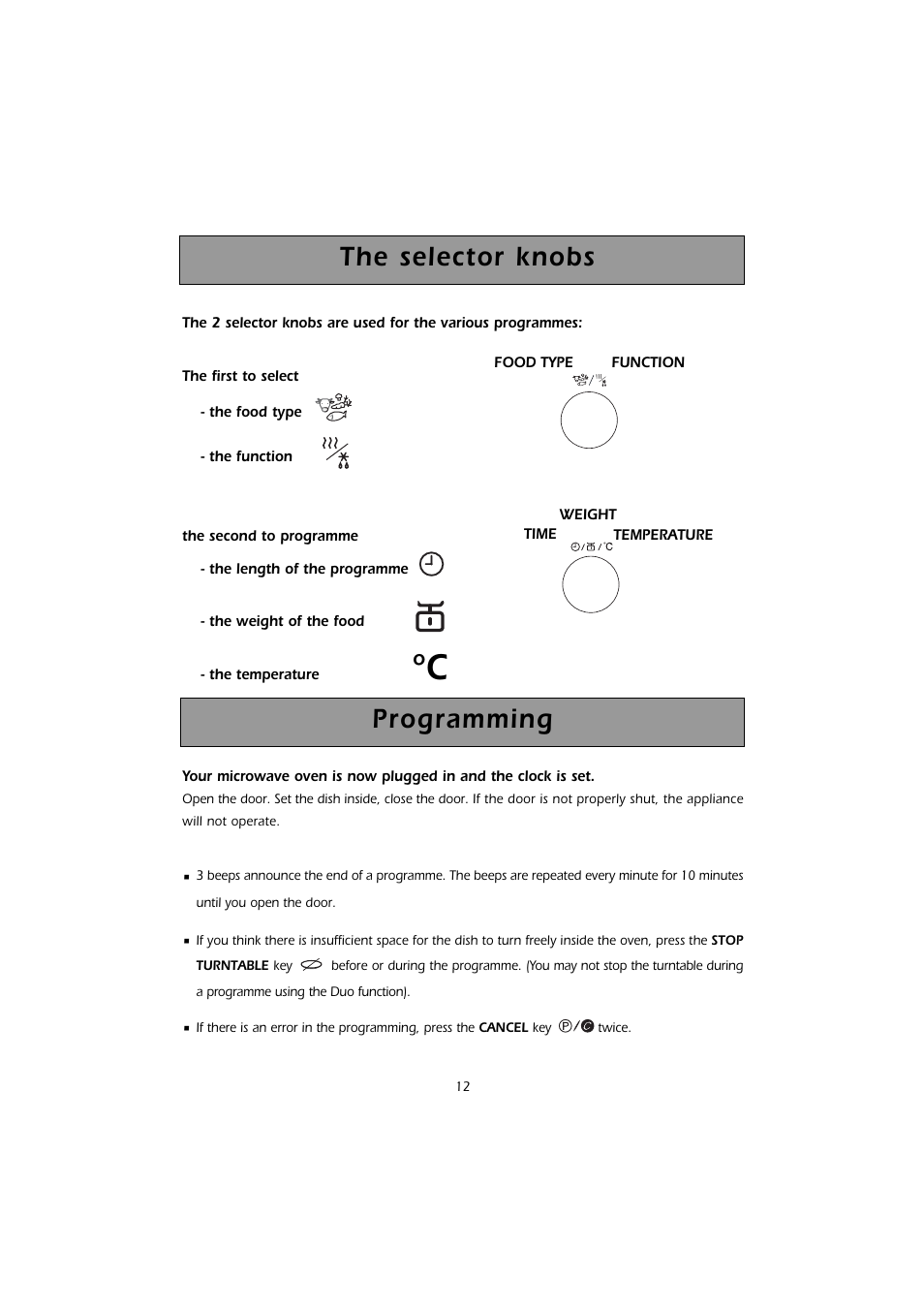 Programming, The selector knobs | Kleenmaid MWK200 User Manual | Page 12 / 28