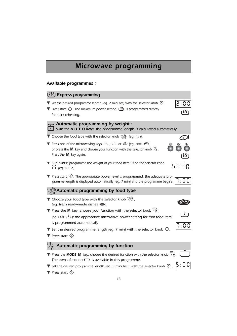 Microwave programming, Automatic programming by food type, Automatic programming by function | Available programmes : express programming, Automatic programming by weight | Kleenmaid MWK200 User Manual | Page 13 / 28