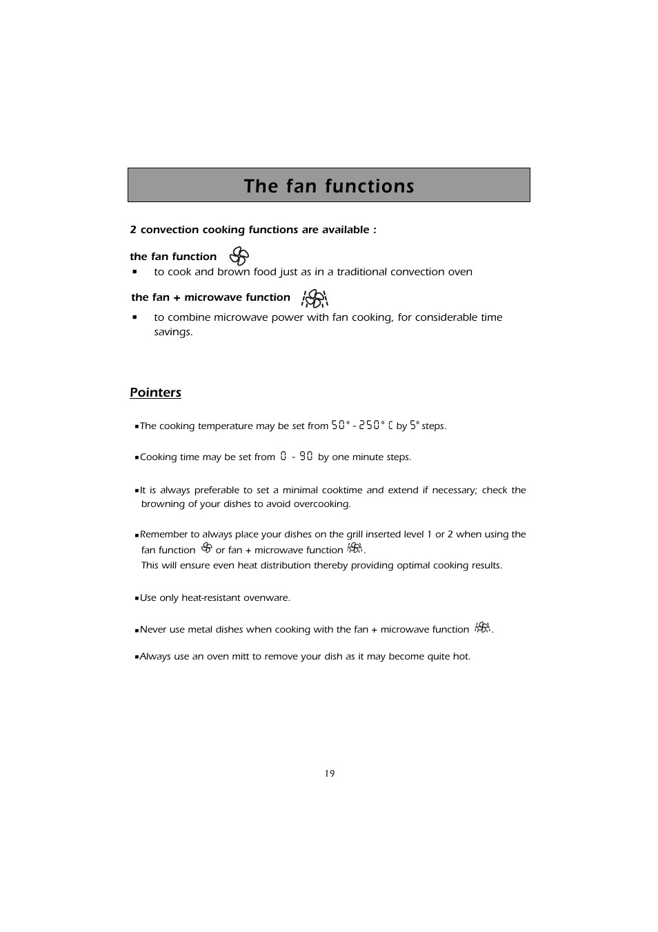 The fan functions, Pointers | Kleenmaid MWK200 User Manual | Page 19 / 28