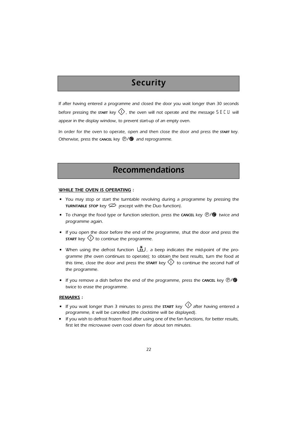 Recommendations, Security | Kleenmaid MWK200 User Manual | Page 22 / 28