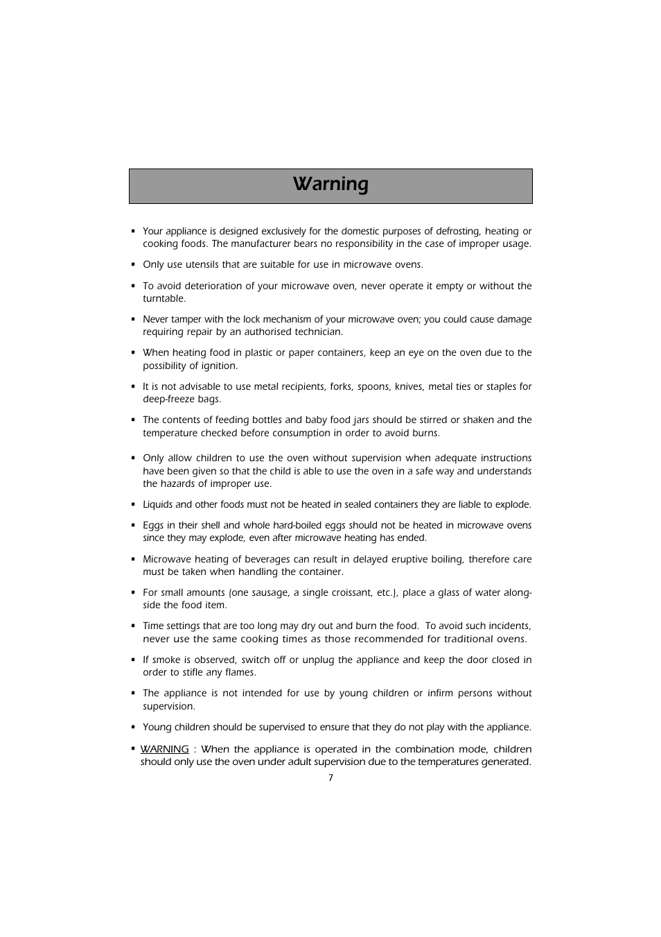 Warning | Kleenmaid MWK200 User Manual | Page 7 / 28