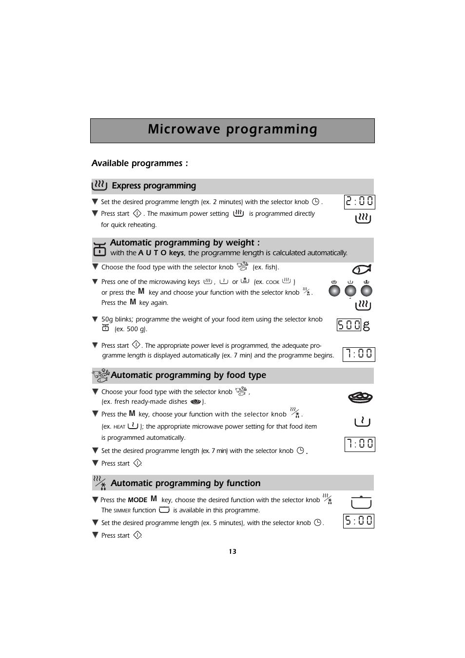 Microwave programming, Automatic programming by food type, Automatic programming by function | Available programmes : express programming, Automatic programming by weight | Kleenmaid MWK101X User Manual | Page 13 / 24