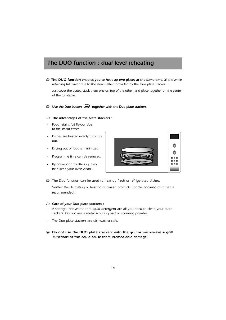 The duo function : dual level reheating | Kleenmaid MWK101X User Manual | Page 14 / 24