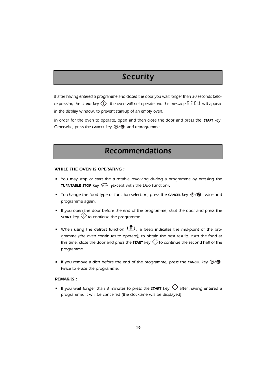 Recommendations, Security | Kleenmaid MWK101X User Manual | Page 19 / 24