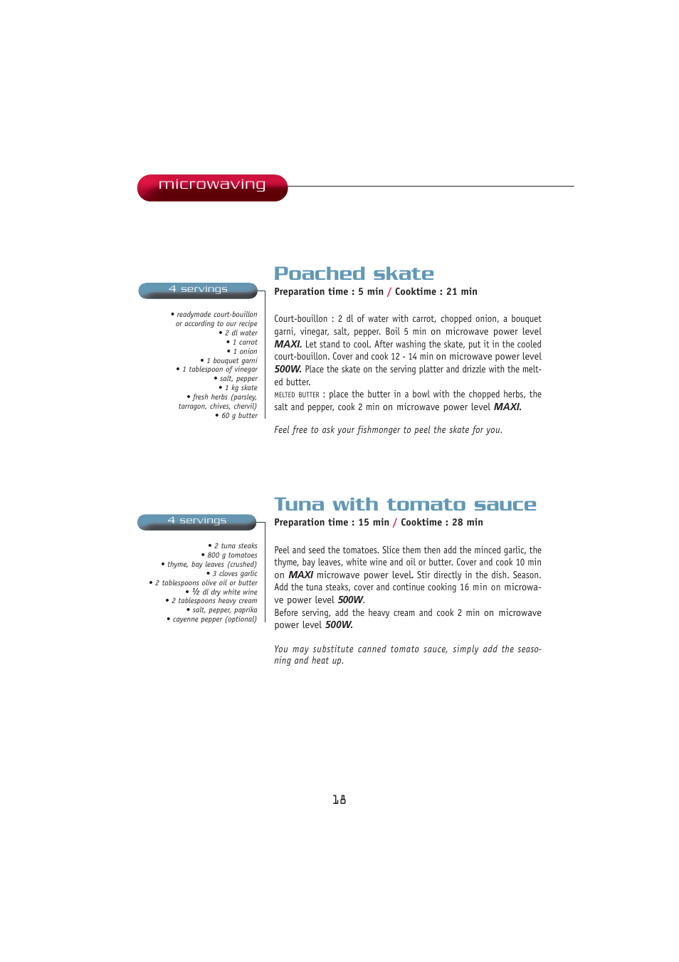 Poached skate, Tuna with tomato sauce, Microwaving | Kleenmaid MWK100 User Manual | Page 18 / 48