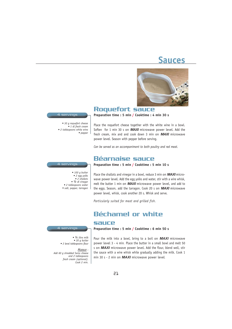 Sauces, Roquefort sauce, Béarnaise sauce | Béchamel or white sauce | Kleenmaid MWK100 User Manual | Page 21 / 48