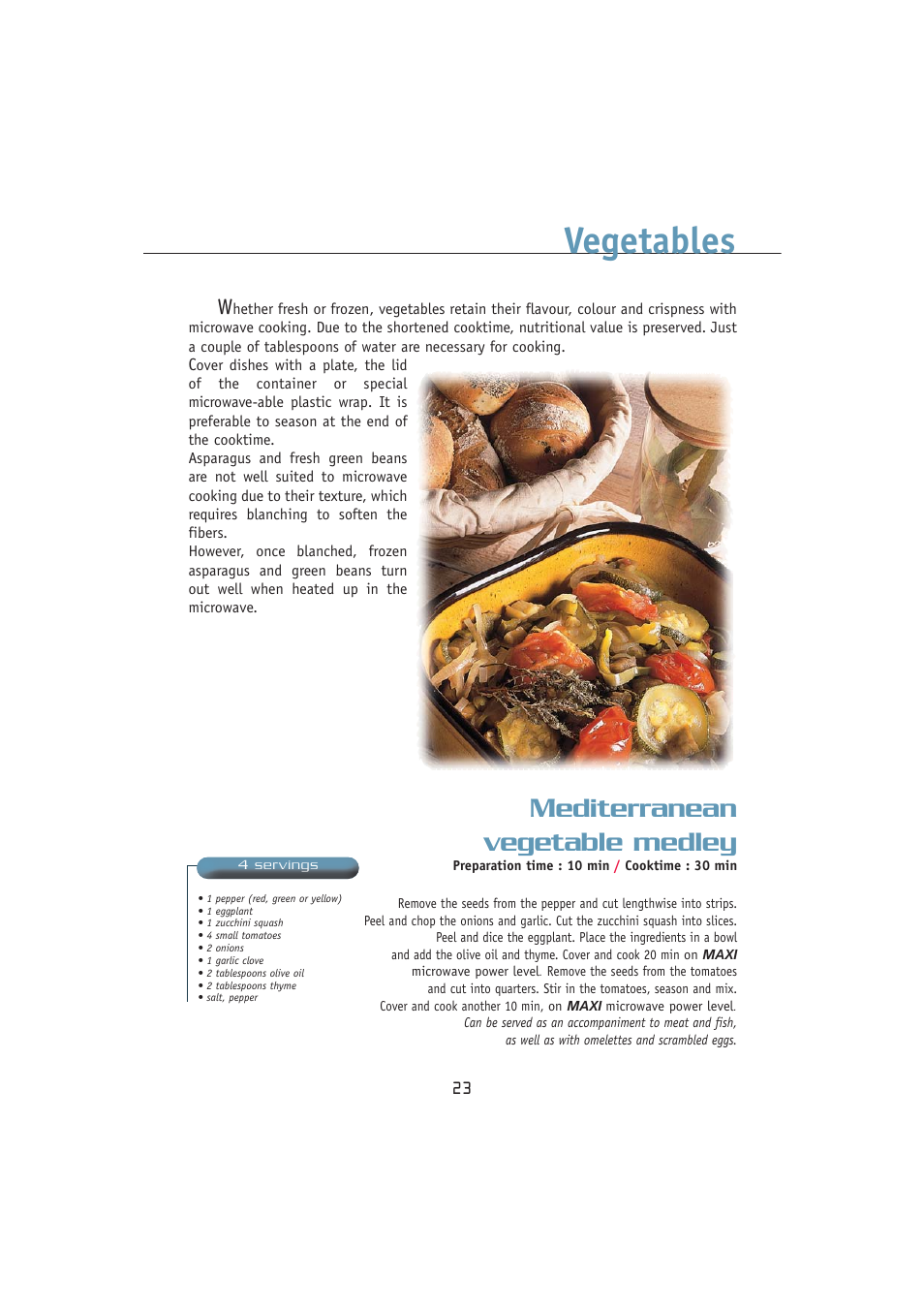 Vegetables, Mediterranean vegetable medley | Kleenmaid MWK100 User Manual | Page 23 / 48