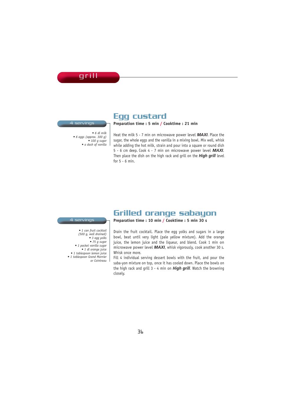 Egg custard, Grilled orange sabayon | Kleenmaid MWK100 User Manual | Page 36 / 48