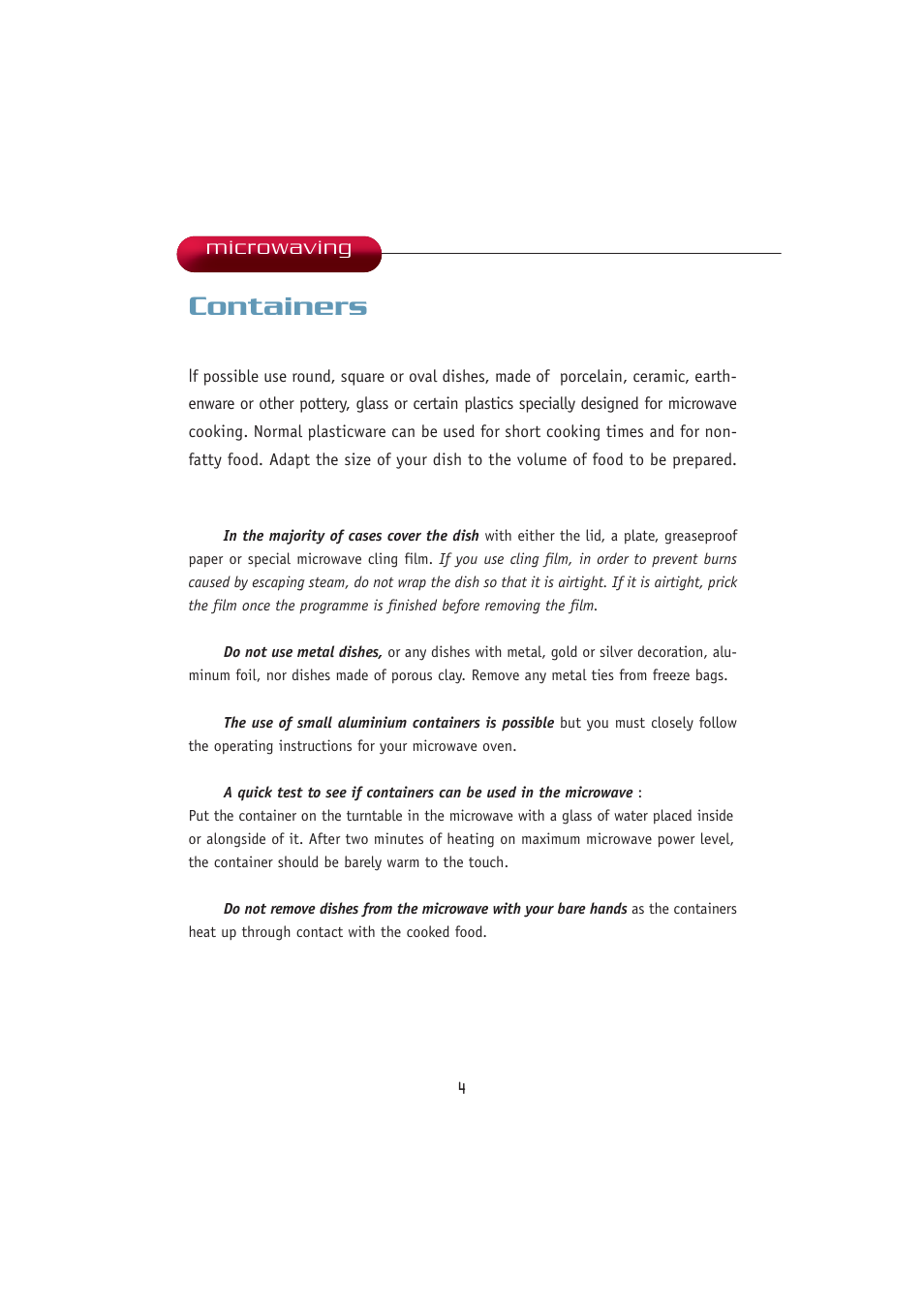 Containers, Microwaving | Kleenmaid MWK100 User Manual | Page 4 / 48