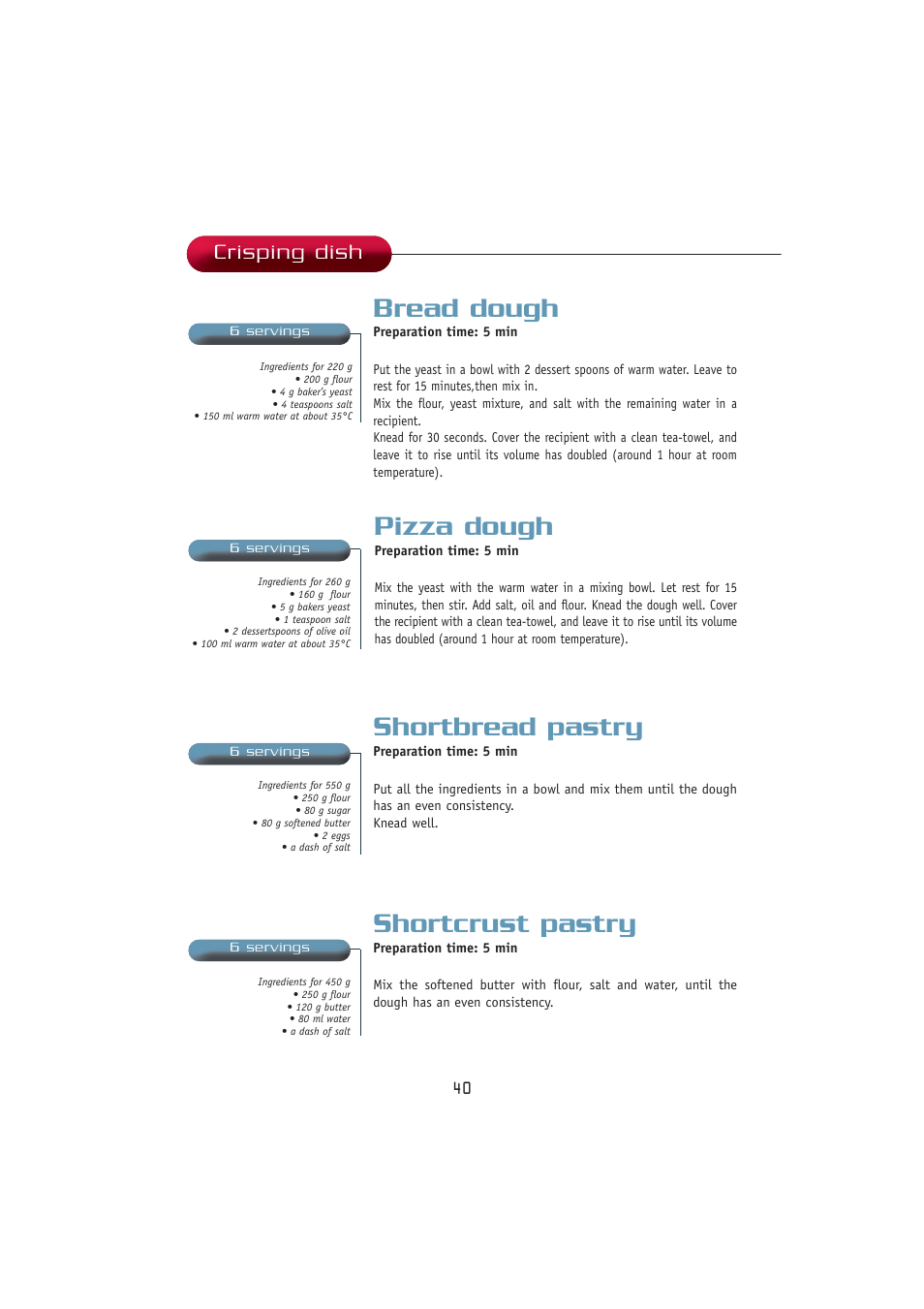 Bread dough, Pizza dough, Shortbread pastry | Shortcrust pastry, Crisping dish | Kleenmaid MWK100 User Manual | Page 40 / 48