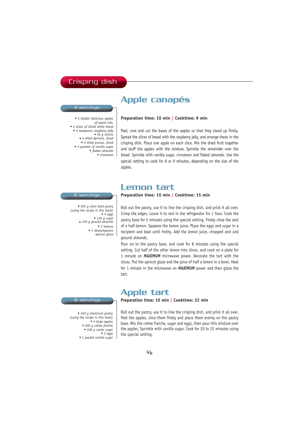 Apple canapés, Apple tart, Lemon tart | Crisping dish | Kleenmaid MWK100 User Manual | Page 46 / 48