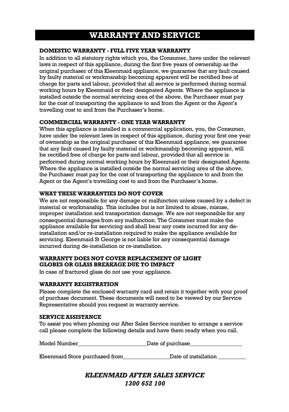 Warranty and service | Kleenmaid MWTK1S User Manual | Page 10 / 12
